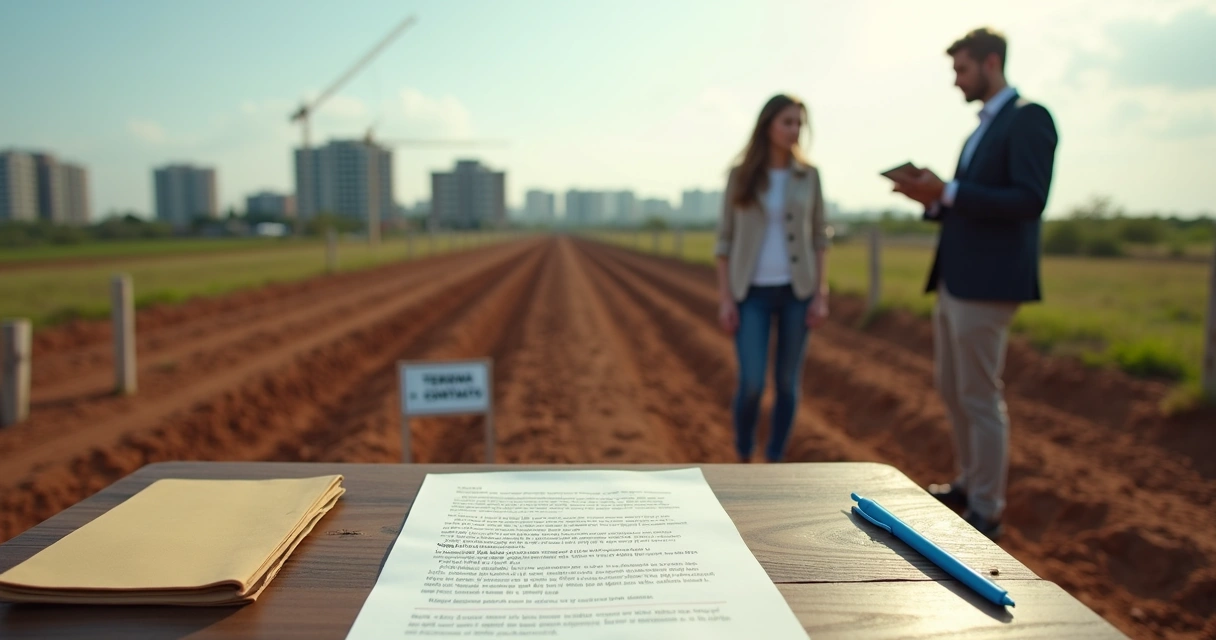 Casal analisando contrato ao lado de terreno vazio cercado por estacas