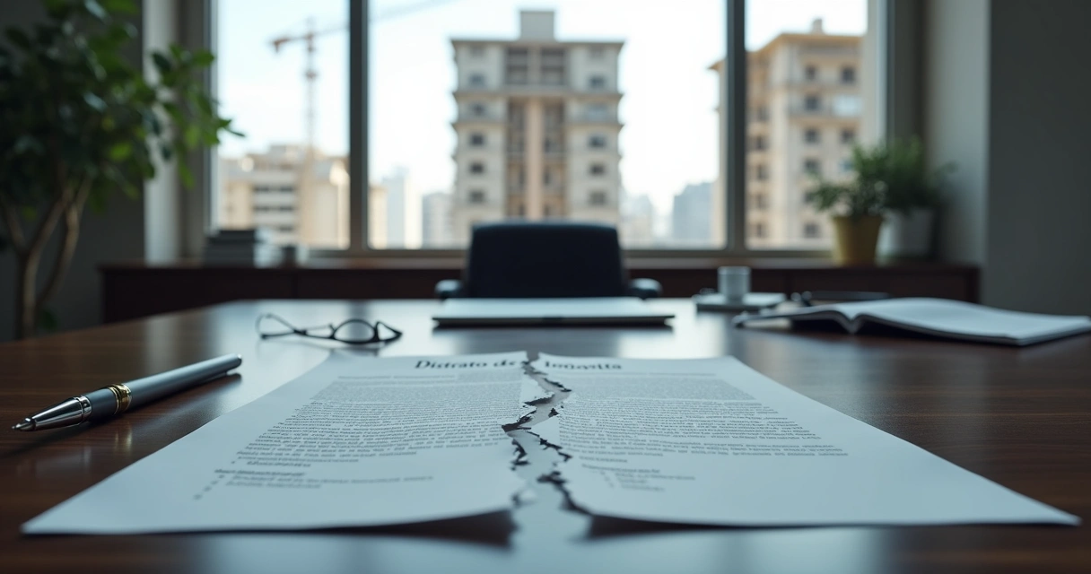 Contrato de distrato de imóvel rasgado ao meio sobre mesa com edifício ao fundo