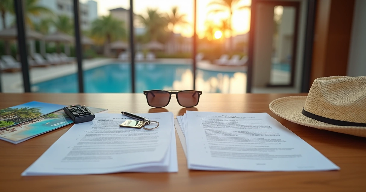 Mesa com objetos de viagem contrastando com contratos de cota de resort