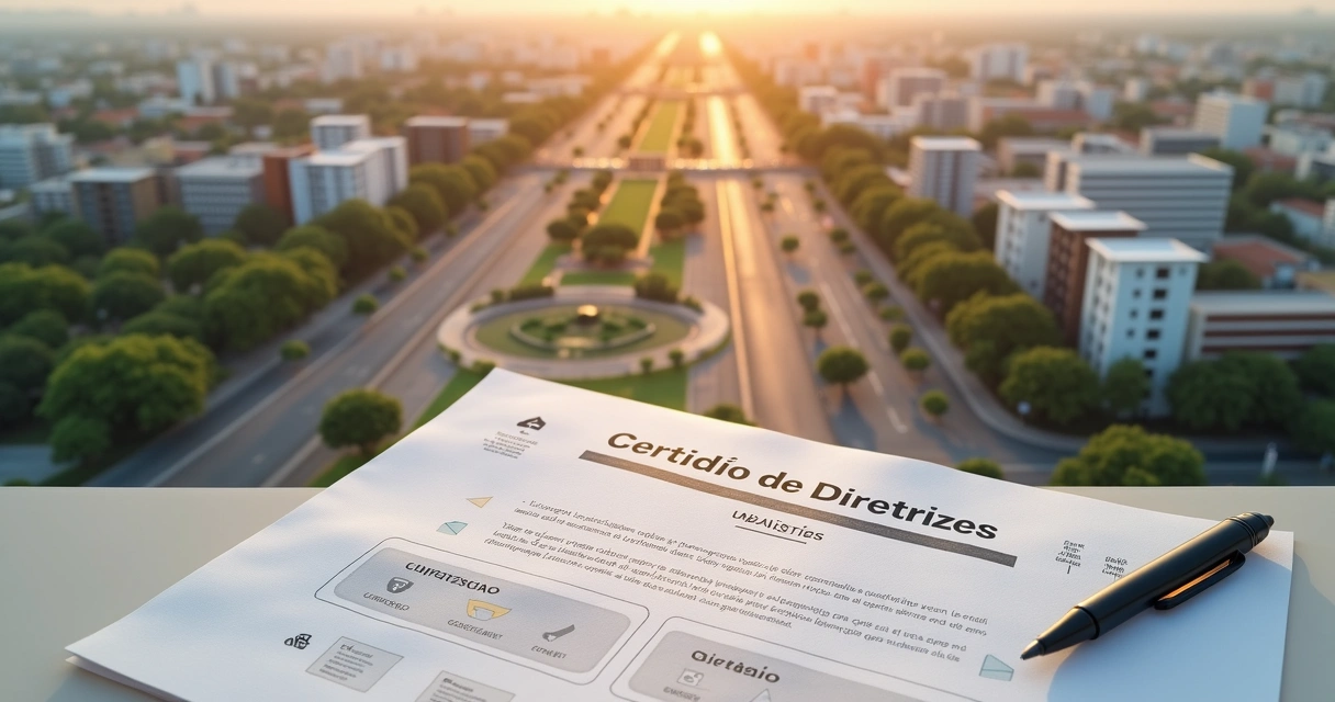 Documento de diretrizes urbanísticas sobrevoado por vista aérea de bairro planejado