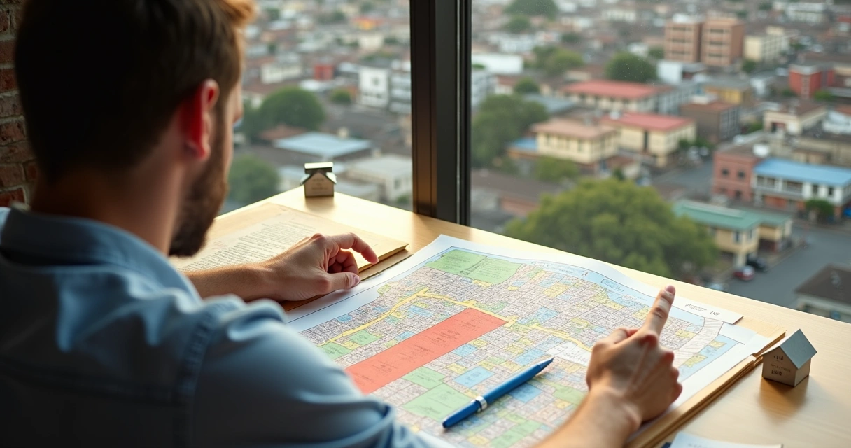 Pessoa aponta para mapa urbano com documento de imóvel sobre a mesa
