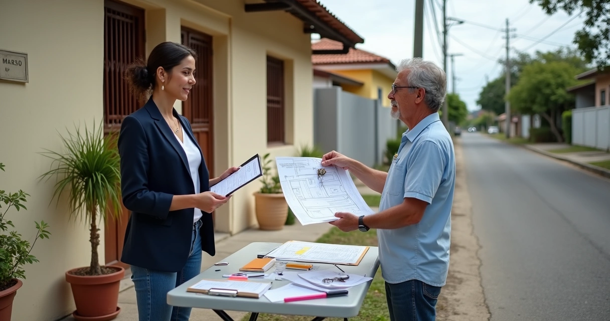 Advogada orienta morador sobre documentos para regularizar imóvel em bairro urbano simples
