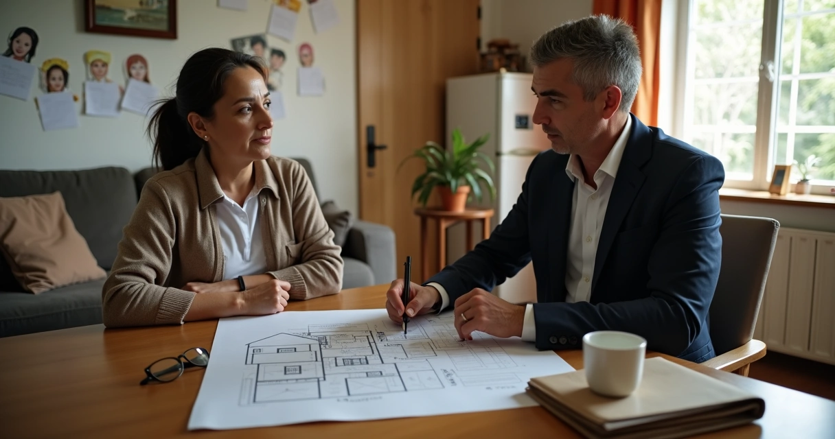 Advogado mostrando planta de casa para moradora em sala simples