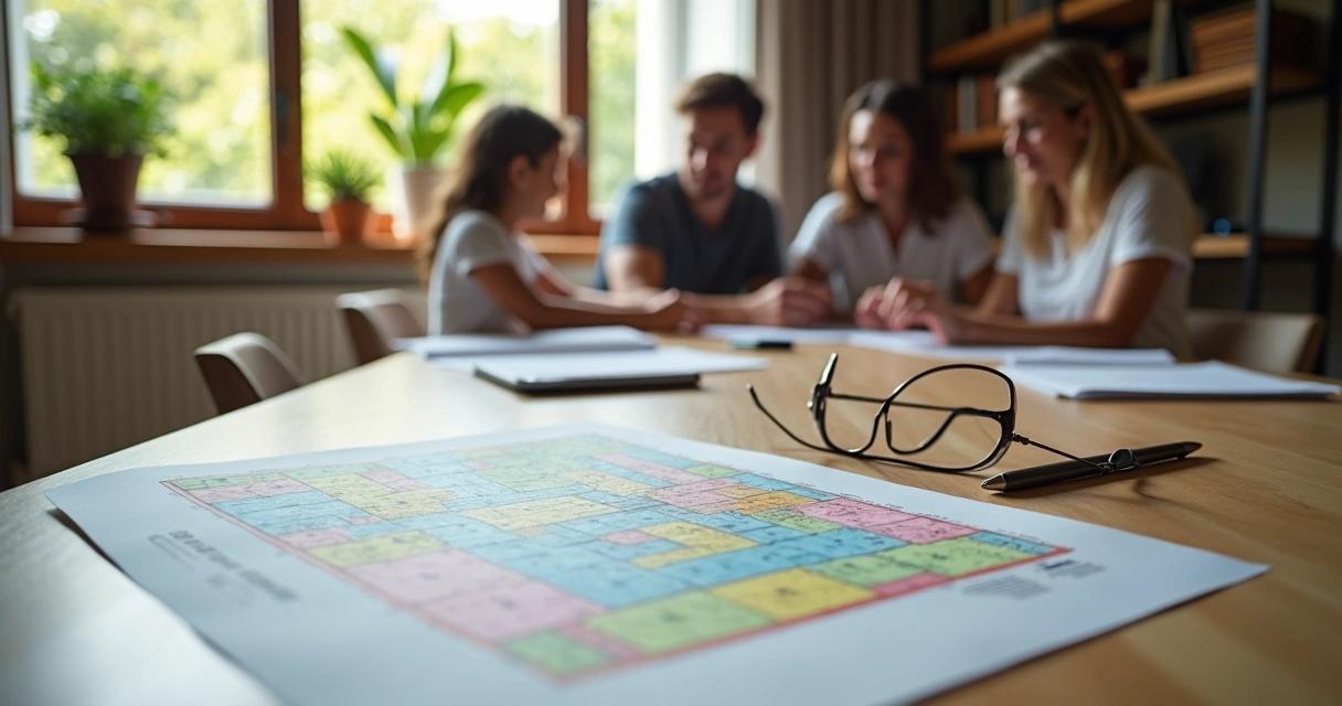 Família observando mapa e documento de imóvel regularizado sobre a mesa