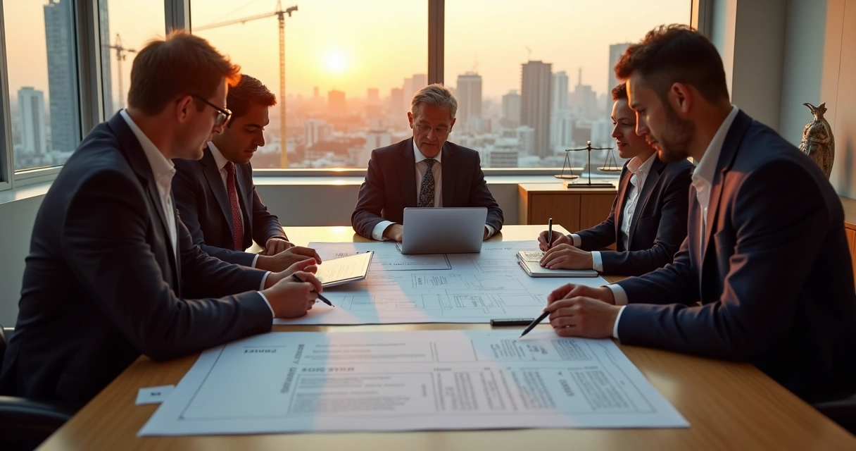 Equipe de advogados em reunião estratégica analisando rescisão de contrato imobiliário