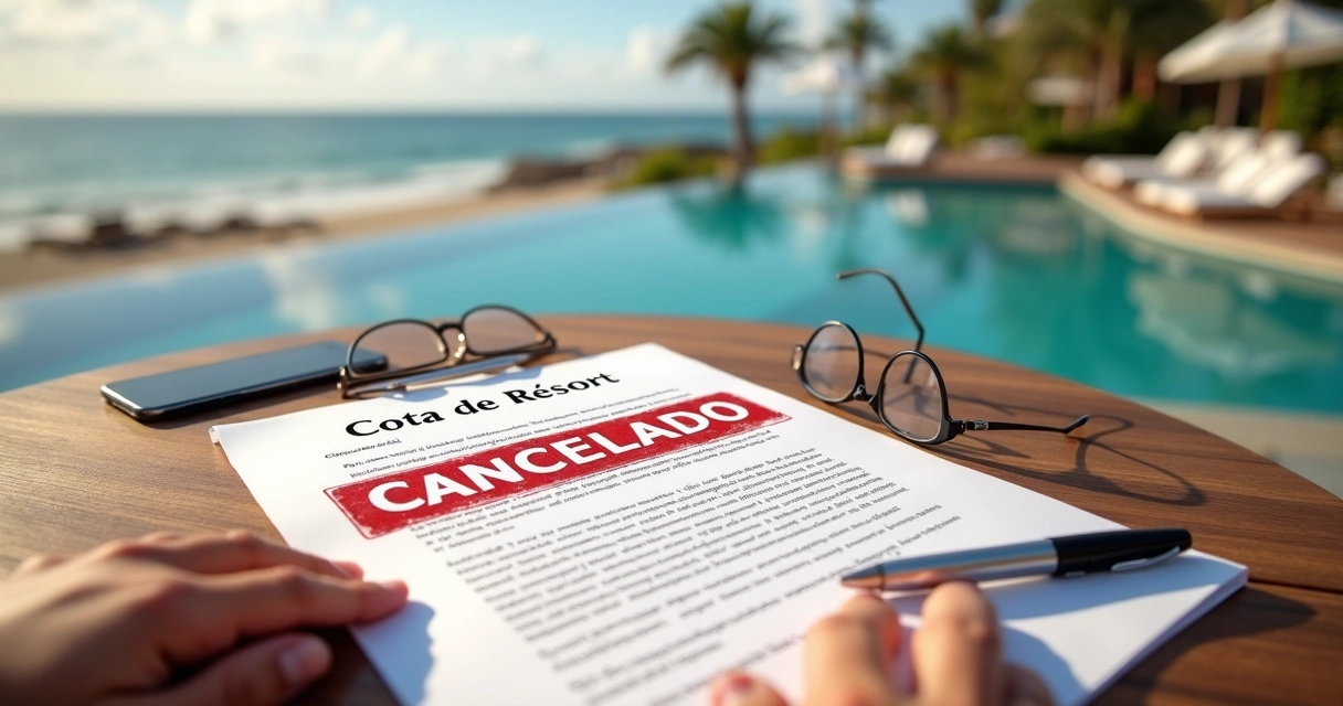 ngo-illustration-Artboard 5 Cliente analisa contrato de cota de resort com carimbo de cancelado ao lado de piscina de hotel