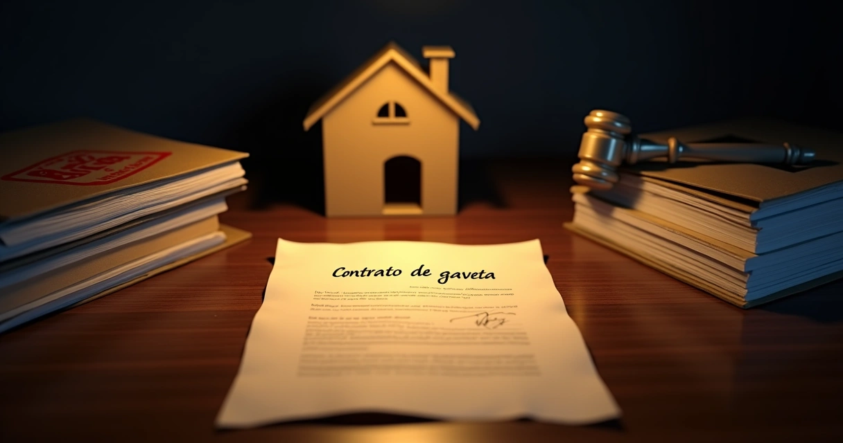 ngo-illustration-Artboard 5 Contrato de gaveta destacado sobre fundo escuro com casa em sombras e selo de risco jurídico